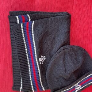 Original Penguin Black Knit Scarf and Beanie Set with Red and Blue Stripes